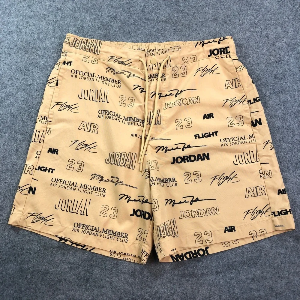 Jordan Mens Flight Club Shorts Medium Tan All-Over Print Graphic Drawstring